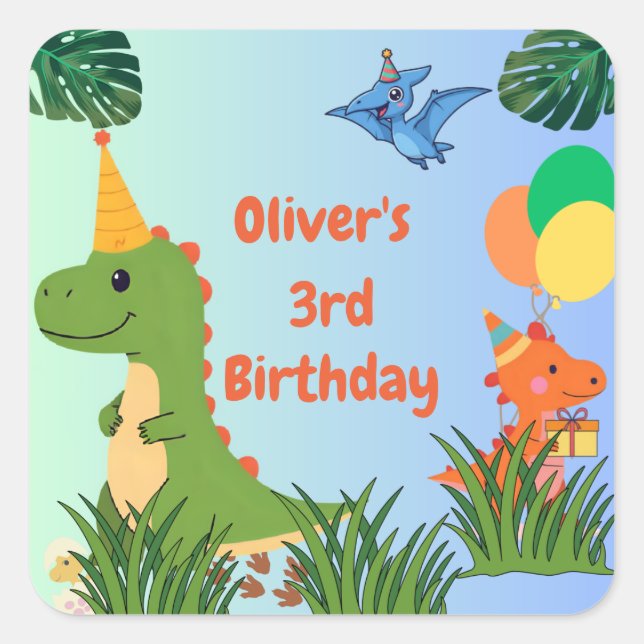 Dinosaur Birthday Party - Niedliches Dino-Thema Quadratischer Aufkleber (Vorderseite)