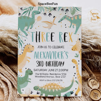 Dinosaur Birthday Three Rex Einladung Boy Dino
