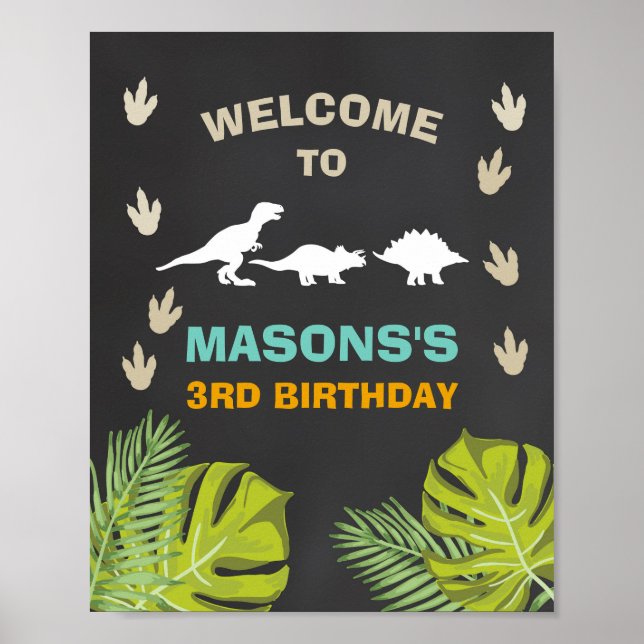 Dinosaur Birthday Welcome Sign Boy Blätter Party Poster (Vorne)