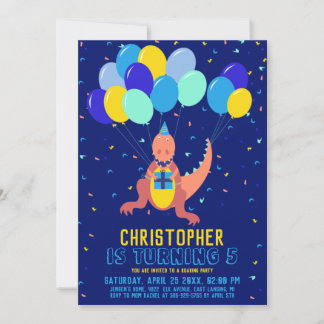 Dinosaur Blau Gelber Luftballon Konfetti Junge Geb Einladung