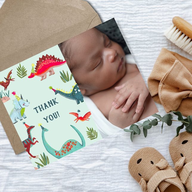 Dinosaur blue boy babyshower photo thank you card postkarte (Dinosaur blue boy babyshower photo thank you card)