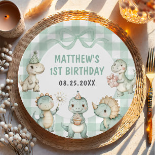 Dinosaur Blue Gingham 1. Geburtstags-Party Pappteller