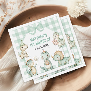 Dinosaur Blue Gingham 1. Geburtstags-Party Serviette