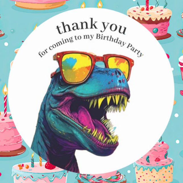 Dinosaur Blue Happy Birthday Vielen Dank Runder Aufkleber (Celebrate with our Dinosaur Blue Happy Birthday Thank You Stickers )