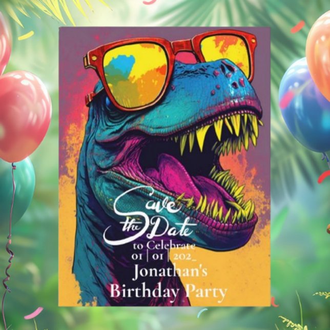 Dinosaur Blue T-Rex Save the Date Postkarte (Make your special day unforgettable with our Dinosaur Blue T-Rex Save the Date postcard!)