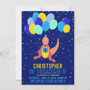 Dinosaur Blue Yellow Balloon Confetti Boy Birthday Einladung