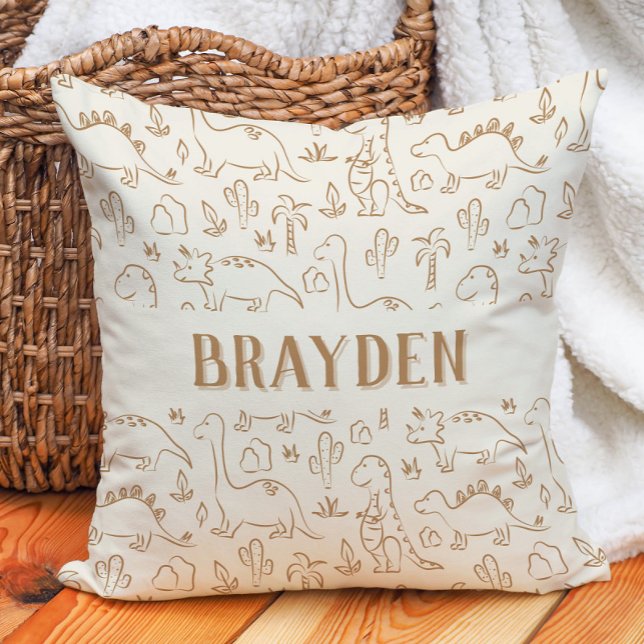Dinosaur Boho Boy Name Dino Cute Beige Brown Tan Kissen (Von Creator hochgeladen)