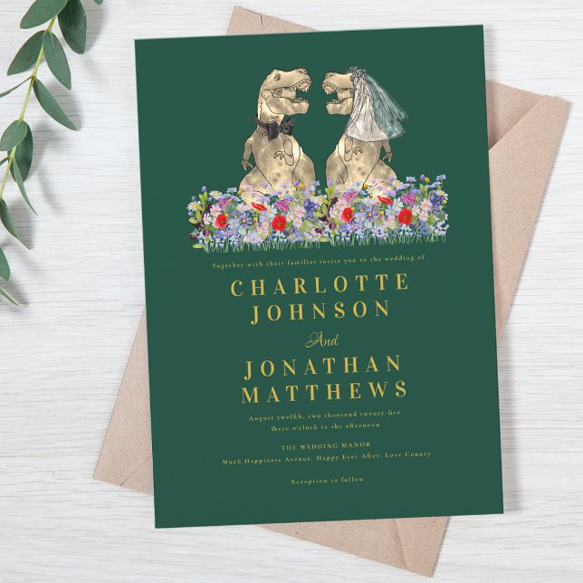 Dinosaur Boho Wildflower Green & Gold Wedding Einladung (Dinosaur boho wildflower green & gold wedding invitation Fun T-Rex bride & groom dino garden meadow)