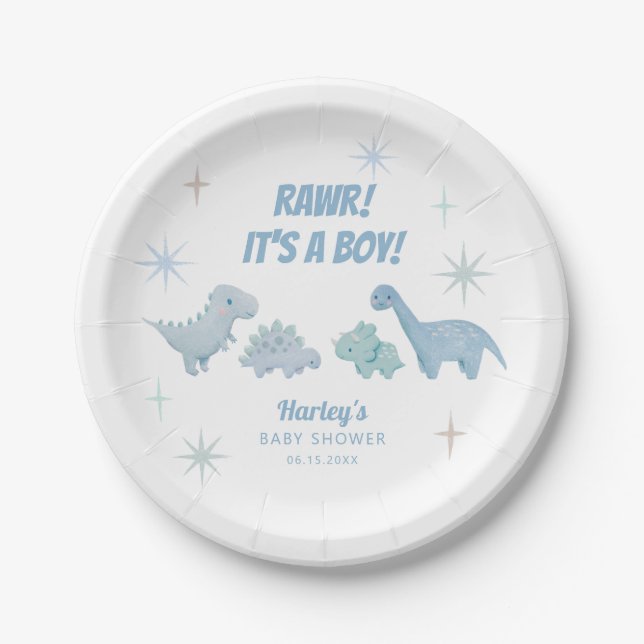 Dinosaur Boy Baby Shower Blue Pappteller (Vorderseite)