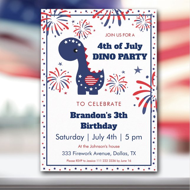 Dinosaur Boy Birthday Feuerwerk 4. Juli Party Einladung (Dinosaur Boy Birthday Fireworks 4th of July Party Invitation)