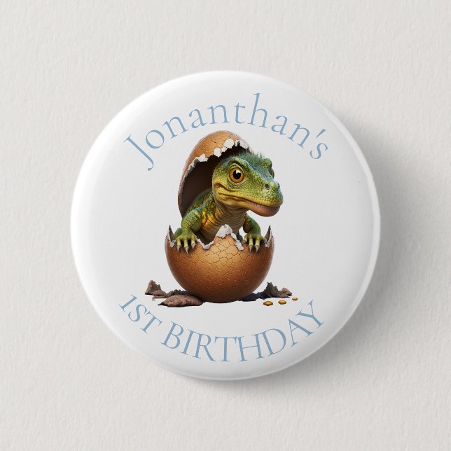 Dinosaur Boy Blue Geburtstag Button (Vorderseite)