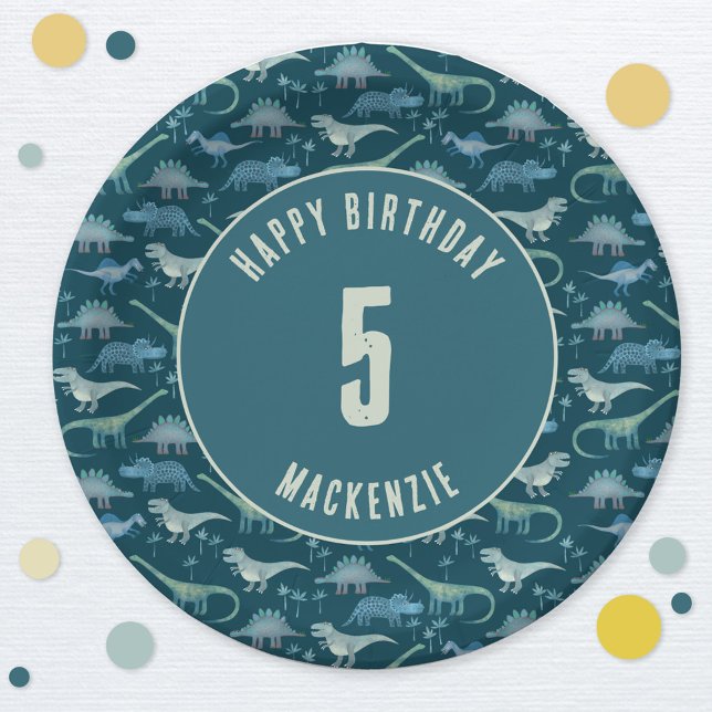 Dinosaur Boy Kindergeburtstag Party Dark Pappteller (Dinosaur birthday party personalized paper plates)