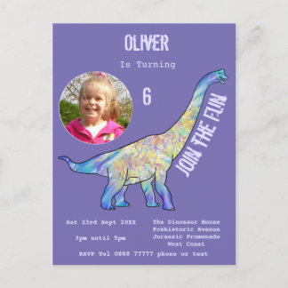 Dinosaur Brachiosaurus Girls Geburtstag Lila Foto Einladungspostkarte
