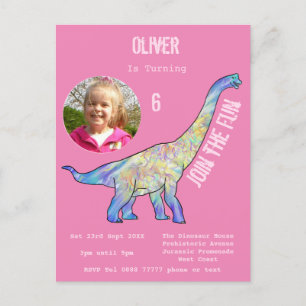 Dinosaur Brachiosaurus Mädchen Geburtstag Rosa Fot Einladungspostkarte