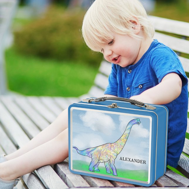 Dinosaur Brachiosaurus Name Metall Brotdose (Colorful dinosaur custom name blue lunchbox ideal for kindergarten or school)