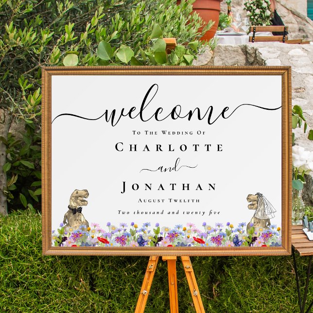 Dinosaur Braut & Bräutigam Benutzerdefinierte Hoch Poster (Funny T-Rex Dinosaur bride & groom custom wedding welcome poster Vibrant colorful wildflower florals)