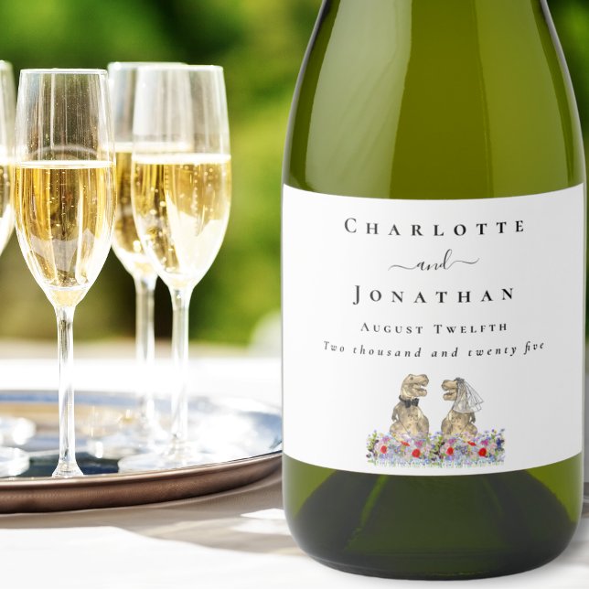 Dinosaur Braut und Bräutigam Individuelle Hochzeit (Dinosaur themed wedding T-Rex bride & groom colorful wildflower floral  custom sparkling wine labels)