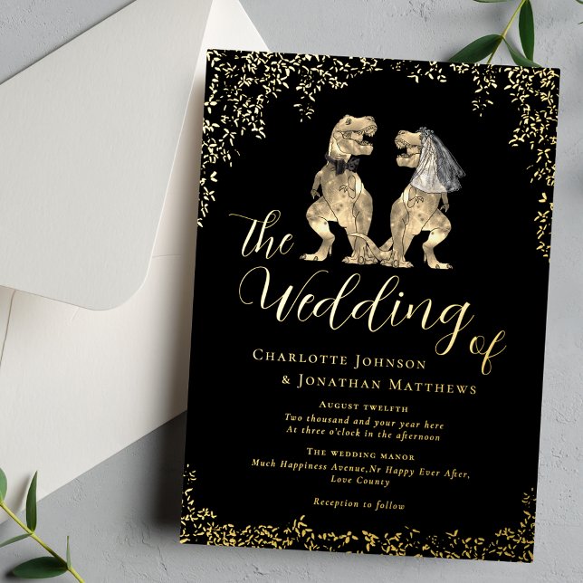 Dinosaur Bride and Groom Wedding Black and Gold Folieneinladung (Elegant Dinosaur theme wedding black and gold foil eucalyptus foliage invitation)