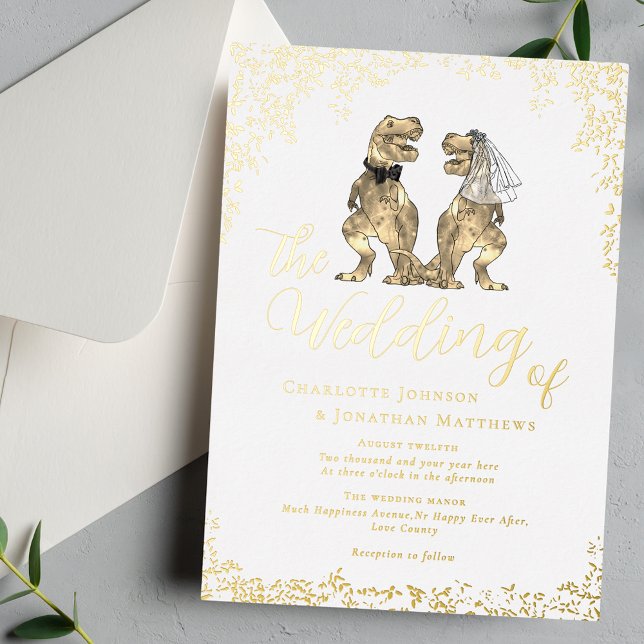 Dinosaur Bride and Groom Wedding White and Gold Folieneinladung (Elegant Dinosaur theme wedding white and gold foil eucalyptus foliage invitation)