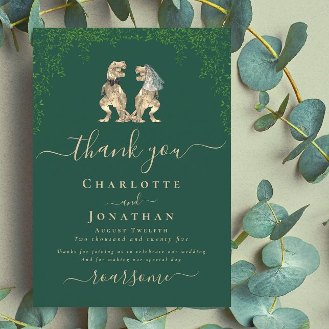 Dinosaur Bride und Groom Wedding Vielen Dank Dankeskarte (Dinosaur wedding dark green custom thank you card Eucalyptus foliage T-Rex dino bride and groom )