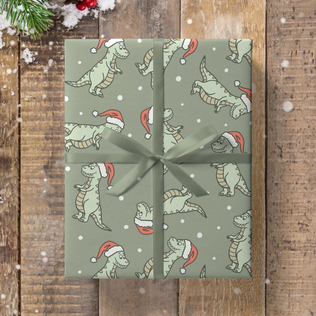 Dinosaur Christmas Boy Santa Claus Dino T-Rex Sage Geschenkpapier (Von Creator hochgeladen)