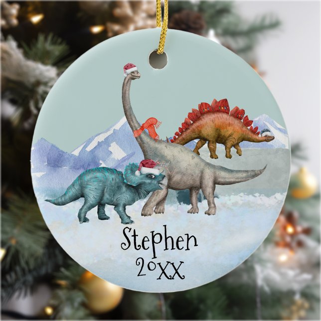 Dinosaur Christmas Jurassic Watercolor Name Keramik Ornament (Von Creator hochgeladen)