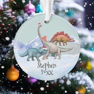 Dinosaur Christmas Jurassic Watercolor Name Ornament