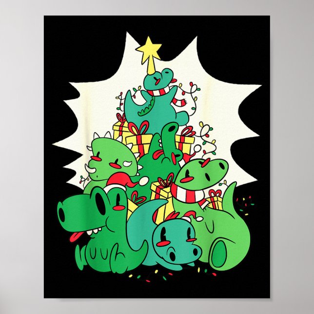 Dinosaur Christmas Tree Cartoons Holiday Tyrannosa Poster (Vorne)