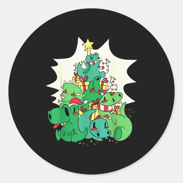 Dinosaur Christmas Tree Cartoons Holiday Tyrannosa Runder Aufkleber (Vorderseite)