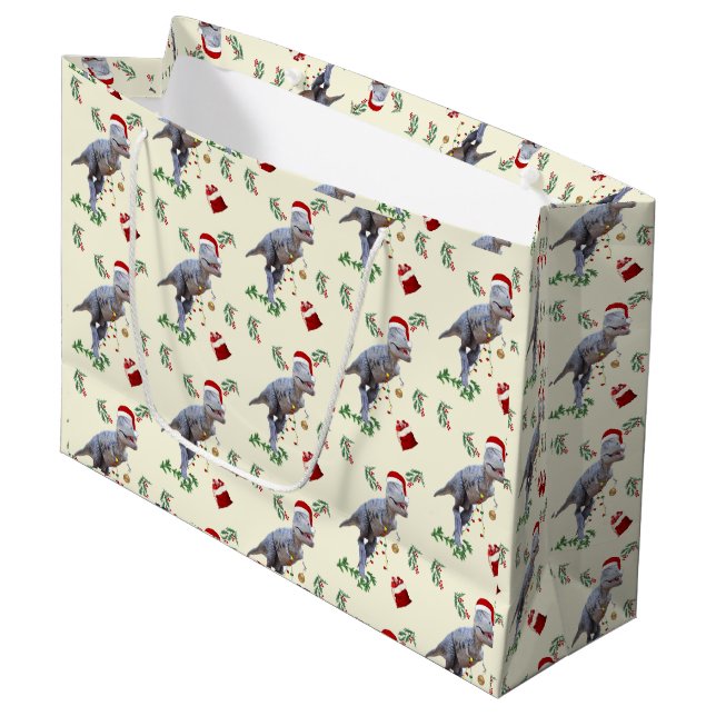 Dinosaur Christmas Wrapping Paper Roll Große Geschenktüte (Vorderseite Schrägansicht)