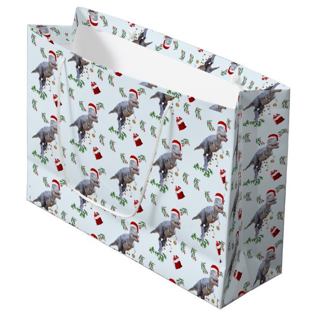 Dinosaur Christmas Wrapping Paper Roll Große Geschenktüte (Vorderseite Schrägansicht)