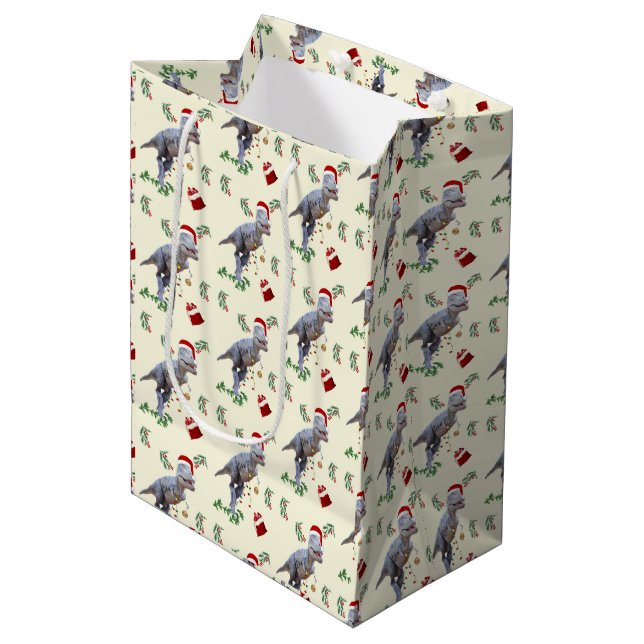 Dinosaur Christmas Wrapping Paper Roll Mittlere Geschenktüte (Vorderseite Schrägansicht)