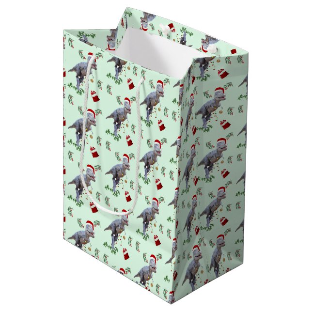 Dinosaur Christmas Wrapping Paper Roll Mittlere Geschenktüte (Vorderseite Schrägansicht)