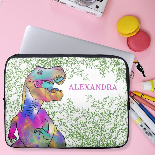 Dinosaur Colorful T-Rex-Name Laptopschutzhülle (Colorful Dinosaur T-Rex Jurassic jungle custom name laptop sleeve)