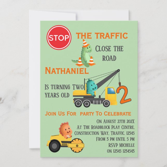 Dinosaur Construction Vehicle 2nd Birthday Party Einladung (Vorderseite)