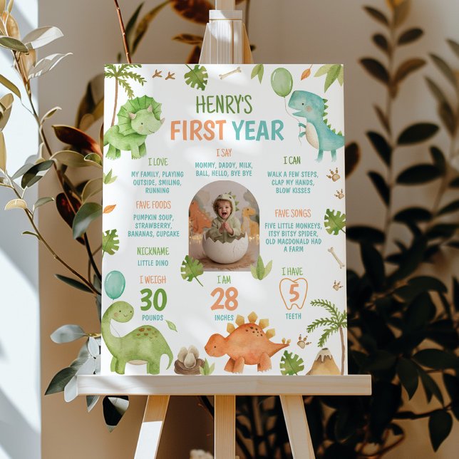 Dinosaur Cute Boy 1st Birthday Milestone Photo Poster (Von Creator hochgeladen)