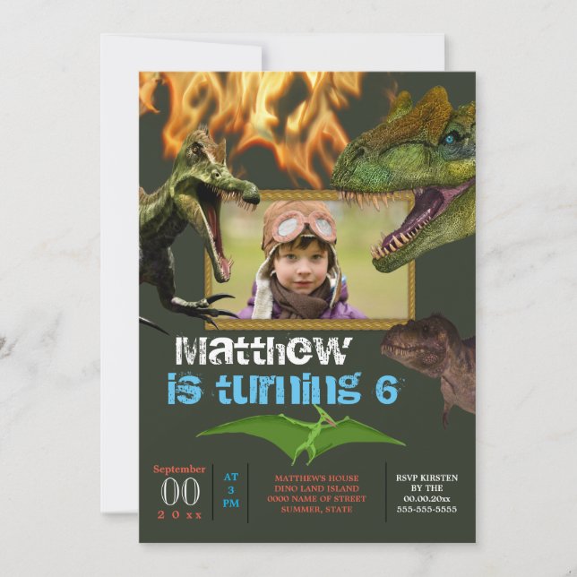 Dinosaur DIY Foto Jungs Theme Party Flammen Einladung (Vorderseite)