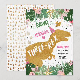 Dinosaur Drei-Rex Dino Girl Rosa Einladung