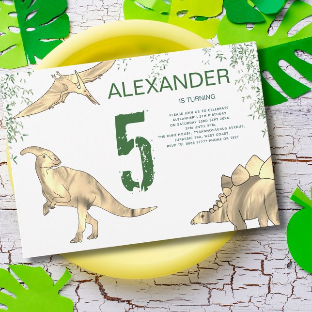 Dinosaur-Dschungel 5. Geburtstagsparty Einladung (Dinosaur jungle 5th birthday party invitation pterodactyl stegosaurus and parasaurolophus)
