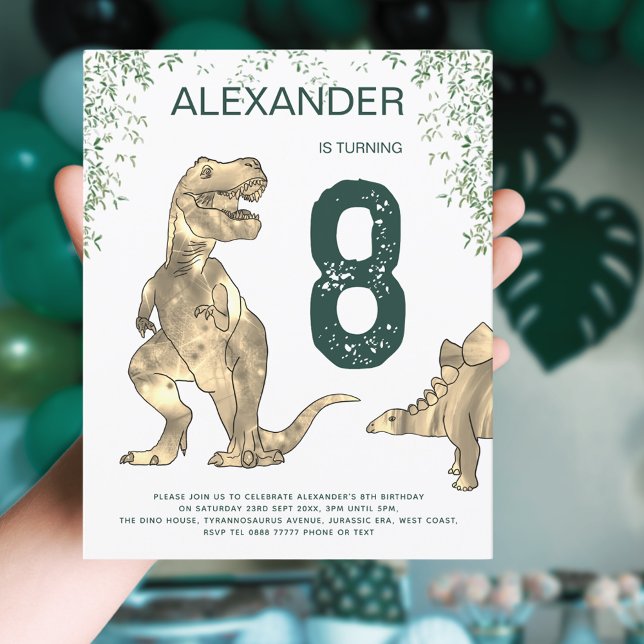 Dinosaur Dschungle T. rex Jungs Geburtstagsparty B (T-Rex Dinosaur jungle 8th birthday party budget invitation with modern green typography )