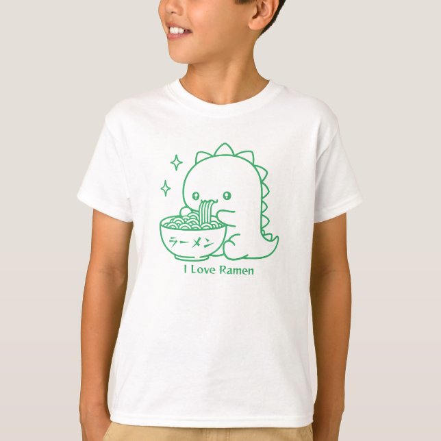 Dinosaur Eating Ramen Noodles Personalisiert Kawai T-Shirt (Vorderseite)