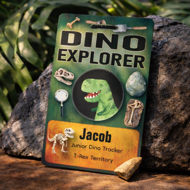 Dinosaur Explorer Abzeichen für Kinderparty Ausweis (Dino explorer birthday badge with fun prehistoric adventure vibes for kids and parties! Roar!)