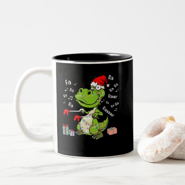 Dinosaur Fa Ra Ra Ra Rawr T-Rex Christmas Xmas Zweifarbige Tasse (Mit Donut)