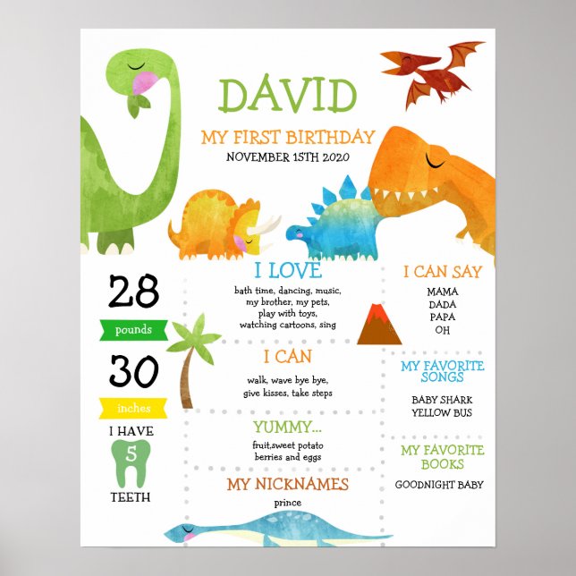 Dinosaur First Birthday Milestone Poster (Vorne)