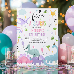 Dinosaur Five-A-Saurs Pink 5. Geburtstagsparty Einladung