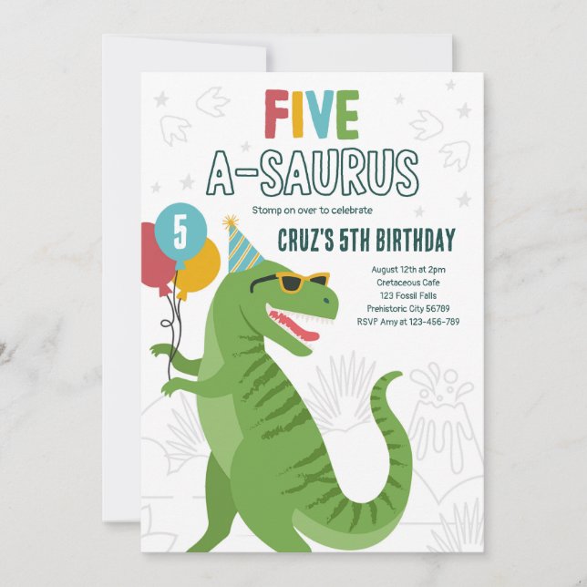 Dinosaur Five A-Saurus 5. Geburtstagsparty T-Rex Einladung (Vorderseite)