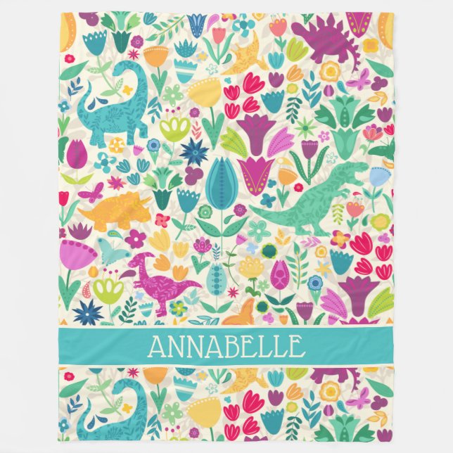 Dinosaur Floral Folk Silhouetten Schöne Girls Fleecedecke (Vorderseite)