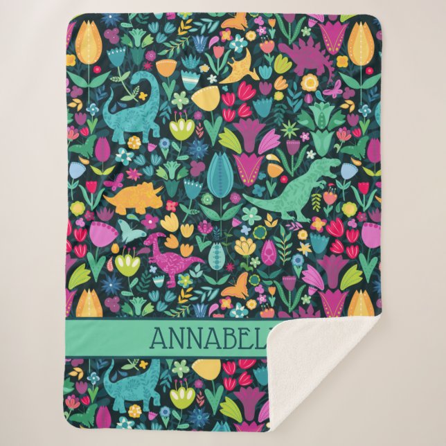 Dinosaur Floral Folk Silhouetten Schöne Girls Sherpadecke (Vorderseite)