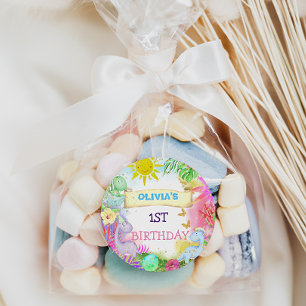 Dinosaur Floral Glitzer Baby Girl 1. Geburtstag Runder Aufkleber