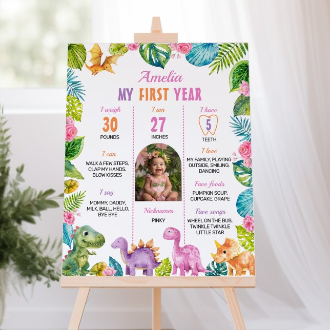 Dinosaur Foto Girl 1. Geburtstag Milestone Zeichen Poster (Von Creator hochgeladen)